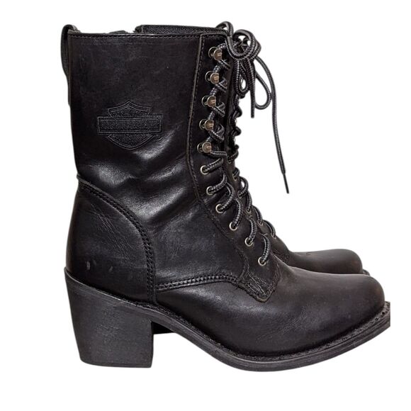 Harley Davidson Black Boots Size 8 Women's Lace Up Moto Biker Combat Heeled - Picture 1 of 15
